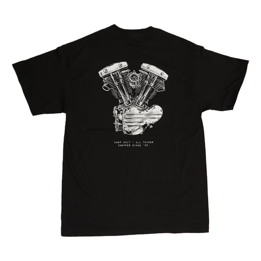 Shovelhead graphic on black shirt on white background