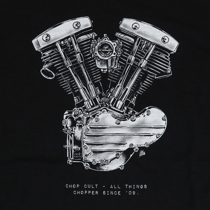 Generator shovelhead motor graphic closeup on black shirt