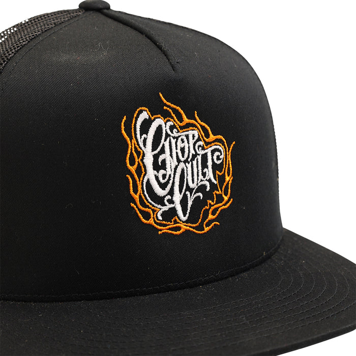 ChopCult flame script embroidered trucker hat close up