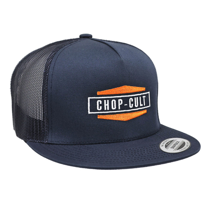 ChopCult's '66 Logo embroidered on a blue Yupoong Classics 5 panel snap back.
Embroidered in the USA