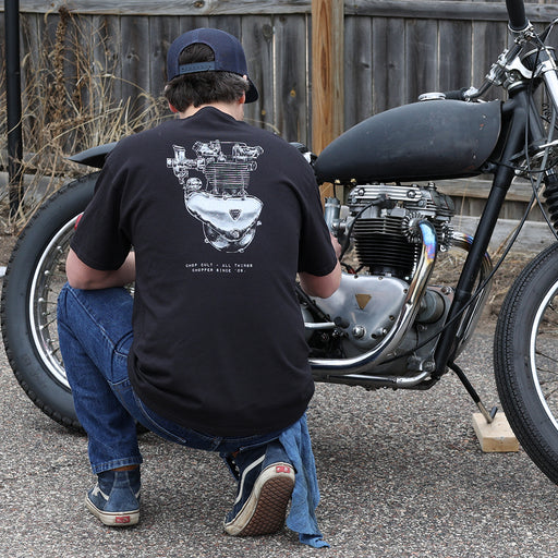 Preunit Engine t shirt guy with motorcycle