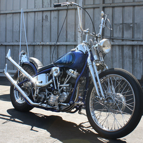 A photo of the right side of the blue panhead bike discussed in this post.
