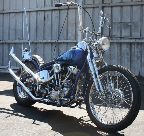 A photo of the right side of the blue panhead bike discussed in this post.