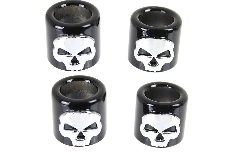 V-Twin Manufacturing Pushrod Cover Cup Set Black with Chrome Skull Design