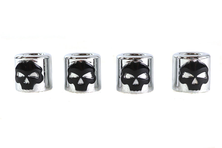 V-Twin Manufacturing Pushrod Cover Cup Set Chrome with Black Skull Design