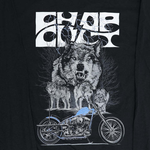 Chopcult wolf and blue chopper on longsleeve shirt close up