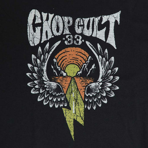 ChopCult wings and lightning and road graphic close up
