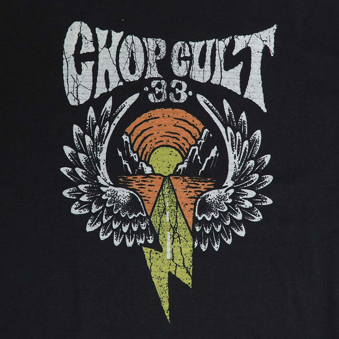 ChopCult wings and lightning and road graphic close up