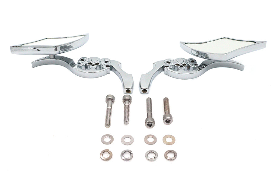 Wyatt Gatling Diamond Shaped Mirror Set with Billet Tri Skull Stems