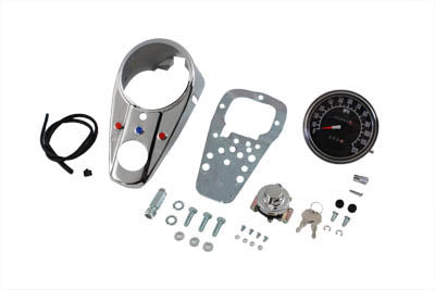 V-Twin Manufacturing Chrome Three Light Dash Panel Kit with 1:1 Ratio Speedometer