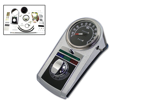 V-Twin Manufacturing Chrome Cast Dash Panel Kit with 2:1 Ratio Speedometer