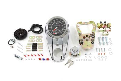 V-Twin Manufacturing Chrome Three Light Dash Panel Kit with 2:1 Ratio Speedometer