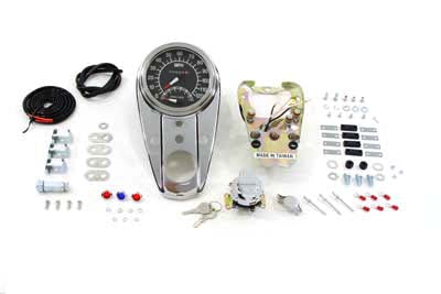 V-Twin Manufacturing Chrome Three Light Dash Panel Kit with 1:1 Ratio Speedometer