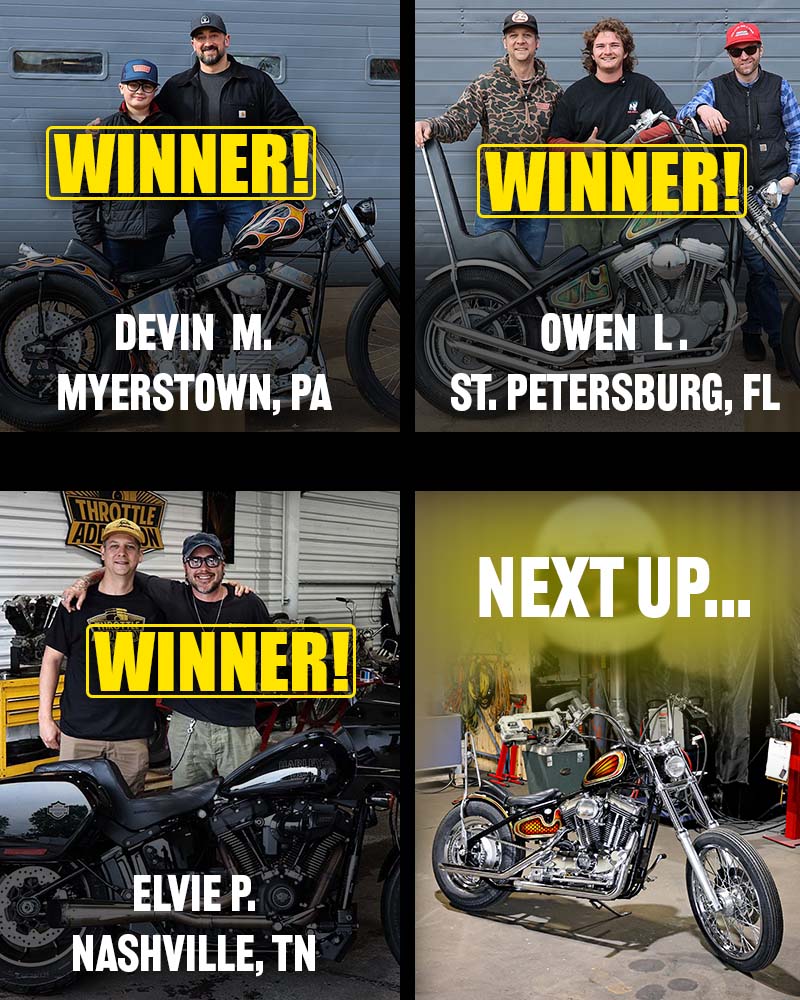 3 winners of motorcycle giveaways and one panel reads next up with a picture of a sportster chopper