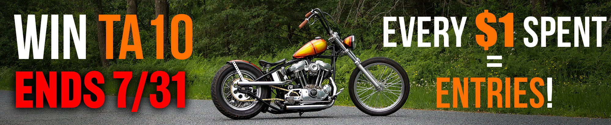 Motorcycle on a road with promotional text about a contest.