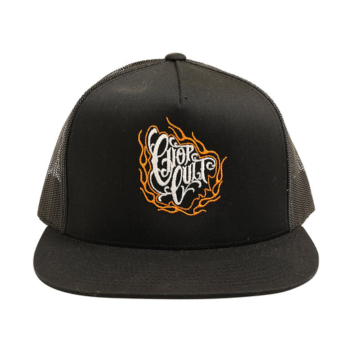 ChopCult flame script embroidered trucker hat front view