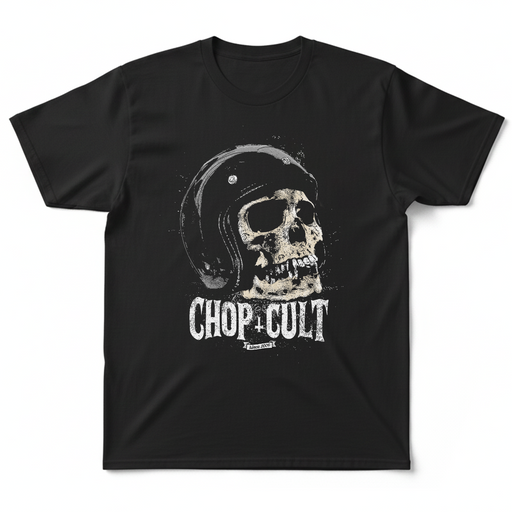 ChopCult Helmet Skull T-Shirt on black.

Printed in our shop in Eau Claire WI.

Printed in the USA
100% cotton shirt