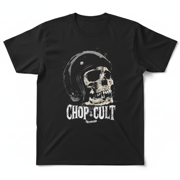 ChopCult Helmet Skull T-Shirt on black.

Printed in our shop in Eau Claire WI.

Printed in the USA
100% cotton shirt