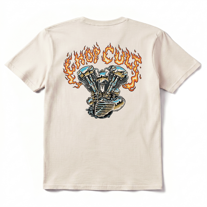 This one brings the fire. ChopCult flaming logo over a classic V-twin motor printed big on the back of an off-white tee.

Printed front left chest and full back on a 100% cotton T shirt.