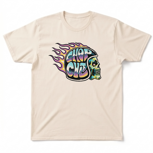 ChopCult gets loud with a flaming helmet and skull graphic in bright purple, yellow, and blue. A clean off-white tee with just the right amount of weird chopper attitude.

Printed large front center on a 100% cotton T shirt.