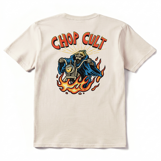 ChopCult keeps it classic with a skeleton rider, flames, and bold retro lettering. A clean off-white tee with just the right amount of old biker shirt attitude.

Printed front left chest and full back on a 100% cotton T shirt.