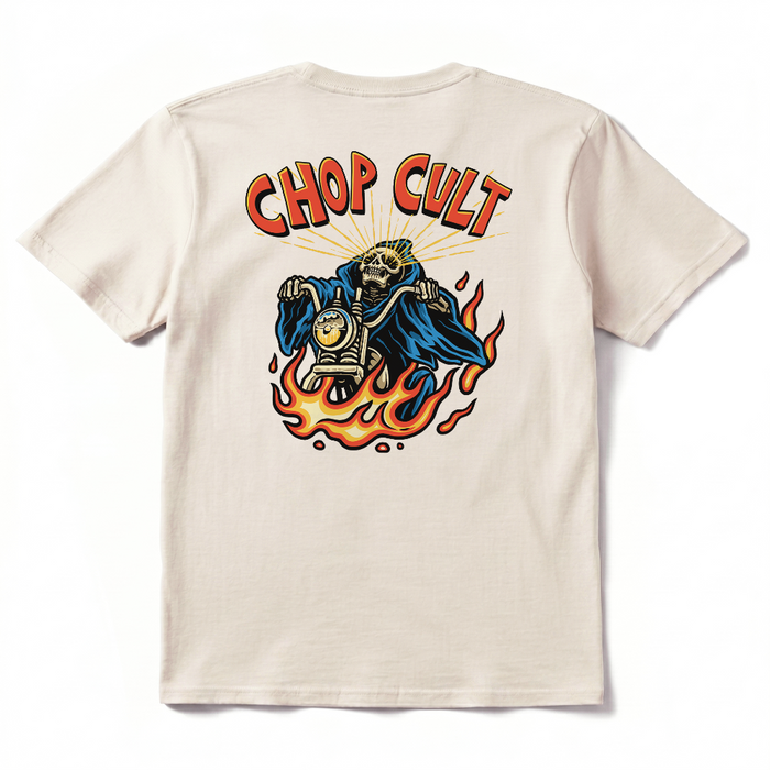 ChopCult keeps it classic with a skeleton rider, flames, and bold retro lettering. A clean off-white tee with just the right amount of old biker shirt attitude.

Printed front left chest and full back on a 100% cotton T shirt.