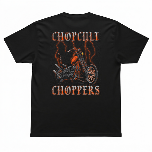 Rep Chop Cult with a stormy chopper graphic featuring orange lightning, gothic lettering, and a full-back custom motorcycle print.

Printed with a small front left chest logo and full back artwork on a black 100% cotton T-shirt.