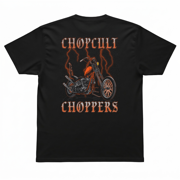 Rep Chop Cult with a stormy chopper graphic featuring orange lightning, gothic lettering, and a full-back custom motorcycle print.

Printed with a small front left chest logo and full back artwork on a black 100% cotton T-shirt.