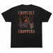 Rep Chop Cult with a stormy chopper graphic featuring orange lightning, gothic lettering, and a full-back custom motorcycle print.

Printed with a small front left chest logo and full back artwork on a black 100% cotton T-shirt.