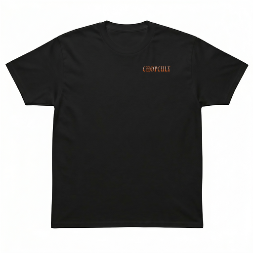 Rep Chop Cult with a stormy chopper graphic featuring orange lightning, gothic lettering, and a full-back custom motorcycle print.

Printed with a small front left chest logo and full back artwork on a black 100% cotton T-shirt.