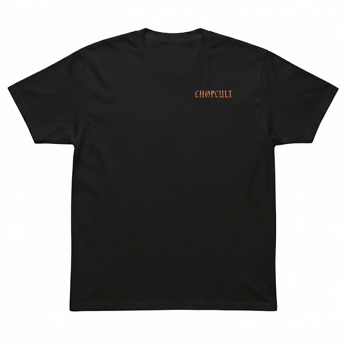 Rep Chop Cult with a stormy chopper graphic featuring orange lightning, gothic lettering, and a full-back custom motorcycle print.

Printed with a small front left chest logo and full back artwork on a black 100% cotton T-shirt.