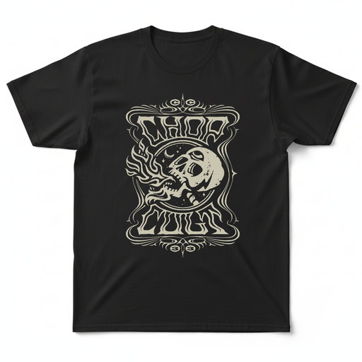 ChopCult Helmet Skull T-Shirt on black.

Printed in our shop in Eau Claire WI.

Printed in the USA
100% cotton shirt