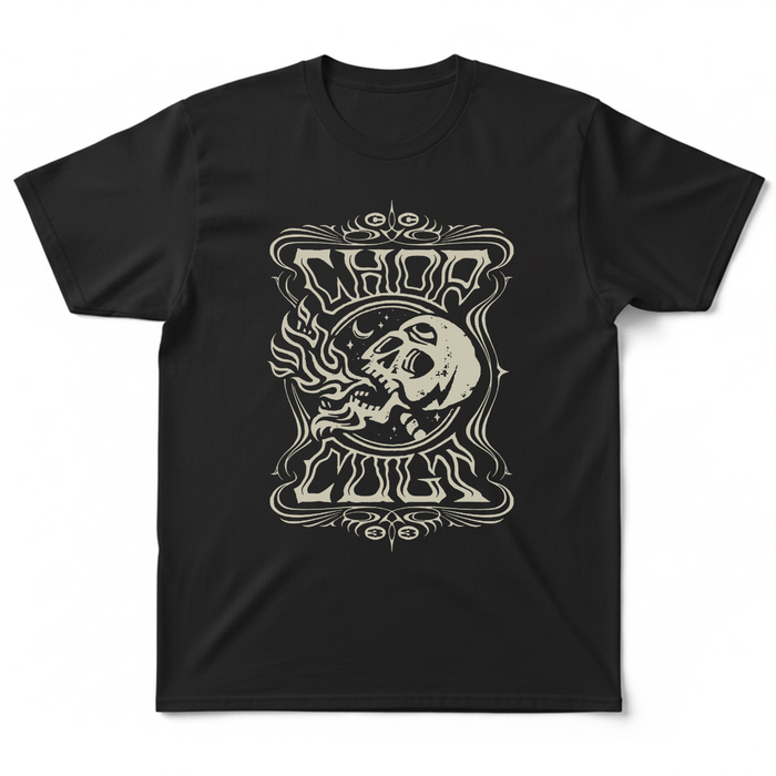 ChopCult Helmet Skull T-Shirt on black.

Printed in our shop in Eau Claire WI.

Printed in the USA
100% cotton shirt
