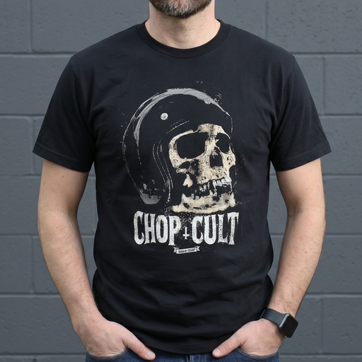 ChopCult Helmet Skull T-Shirt on black.

Printed in our shop in Eau Claire WI.

Printed in the USA
100% cotton shirt