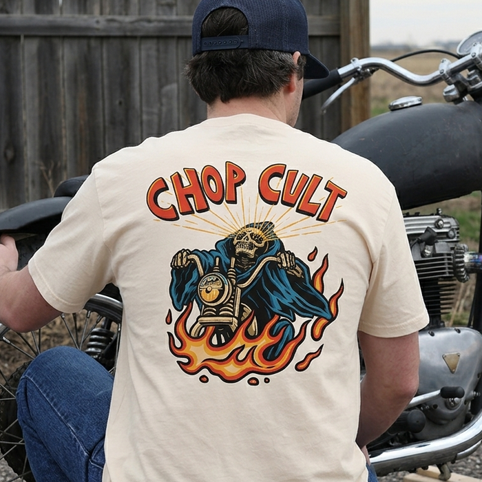 ChopCult keeps it classic with a skeleton rider, flames, and bold retro lettering. A clean off-white tee with just the right amount of old biker shirt attitude.

Printed front left chest and full back on a 100% cotton T shirt.