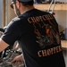 Rep Chop Cult with a stormy chopper graphic featuring orange lightning, gothic lettering, and a full-back custom motorcycle print.

Printed with a small front left chest logo and full back artwork on a black 100% cotton T-shirt.