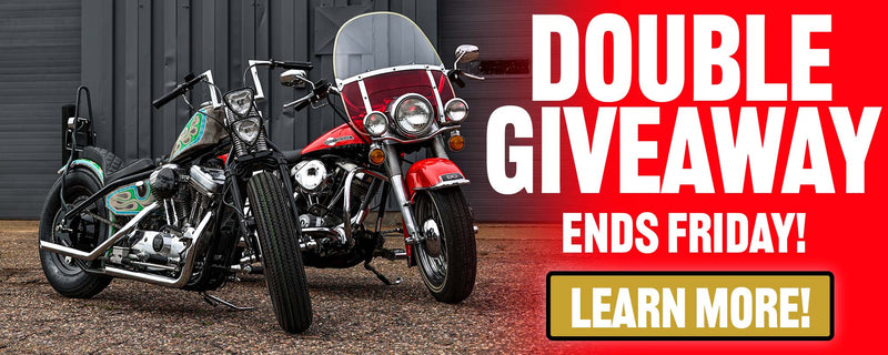 Two motorcycles parked side by side with a promotional banner for a double giveaway ending Friday.