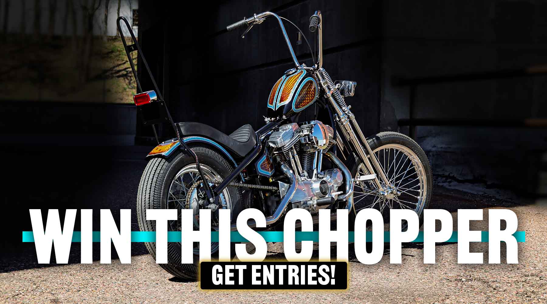 Motorcycle with colorful design on a dark background, promotional text for a giveaway.