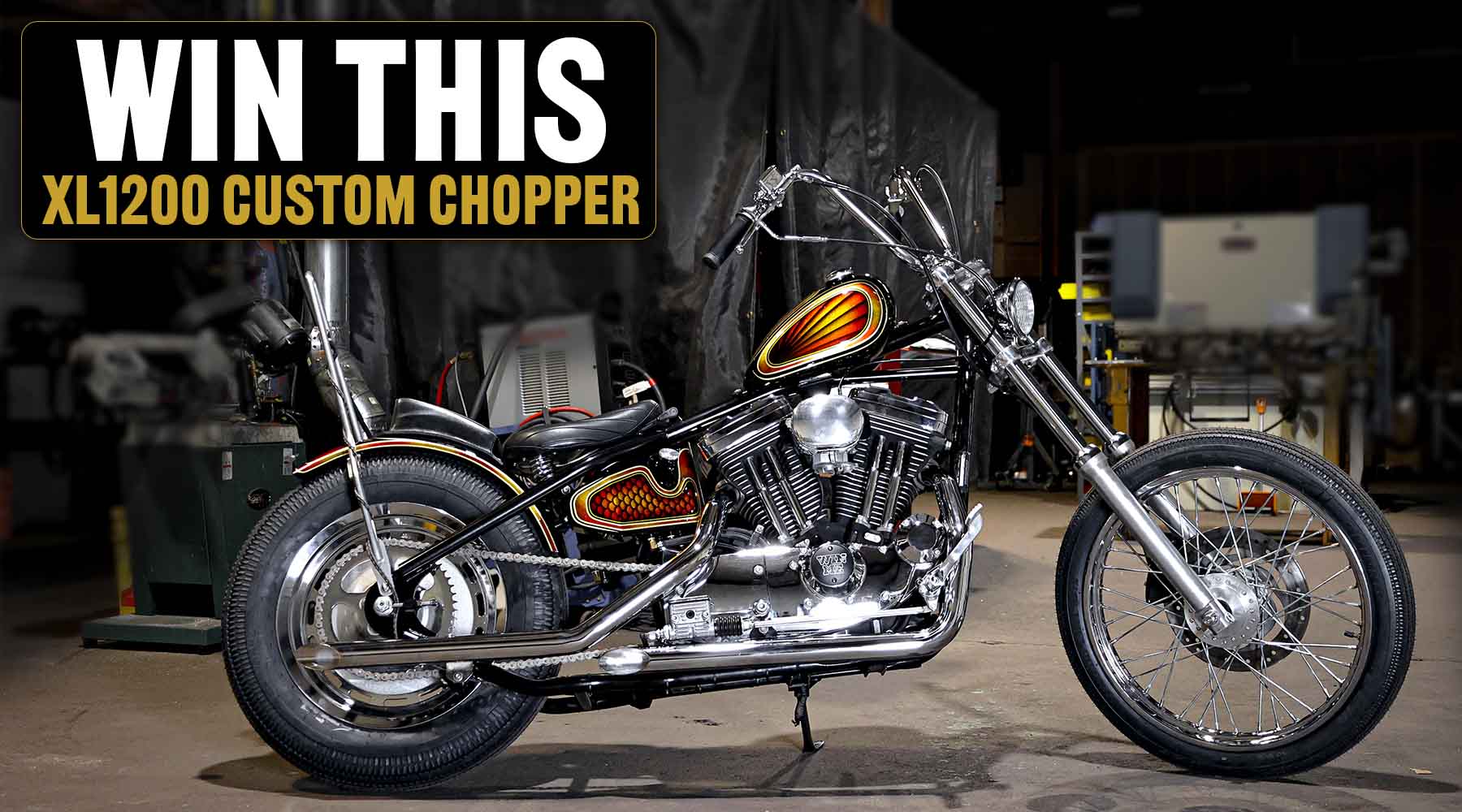 sportster chopper built by throttle addiction with text reading win this xl1200 custom chopper