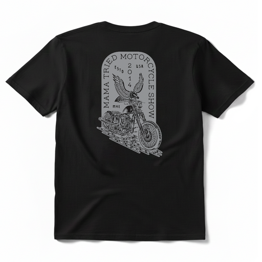 The Mama Tried Motorcycle show held annually in Milwaukee, Wisconsin is staple of the custom motorcycle industry. Being fellow wisconsinites, We're proud to sell their Mama Tried Show Merch on Chop Cult.

Mama Tried Eagle T-Shirt - Black

Printed in Eau Claire, Wisconsin. Black T-shirt, 100% cotton.
