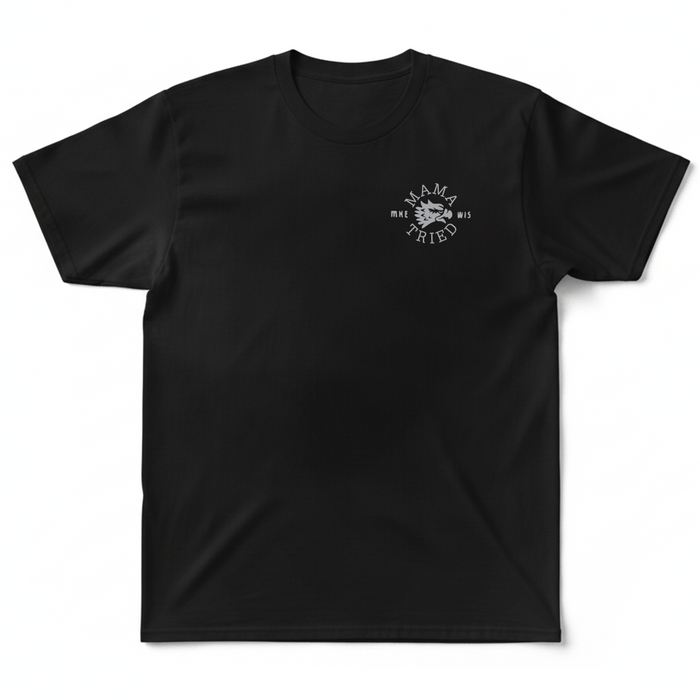 The Mama Tried Motorcycle show held annually in Milwaukee, Wisconsin is staple of the custom motorcycle industry. Being fellow wisconsinites, We're proud to sell their Mama Tried Show Merch on Chop Cult.

Mama Tried Eagle T-Shirt - Black

Printed in Eau Claire, Wisconsin. Black T-shirt, 100% cotton.
