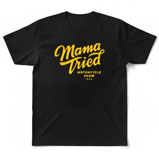 The Mama Tried Motorcycle show held annually in Milwaukee, Wisconsin is staple of the custom motorcycle industry. Being fellow wisconsinites, We're proud to sell their Mama Tried Show Merch on Chop Cult.

Mamma Tried O.G. Logo T-Shirt - Black

The Classic O.G. "Solid Gold" Mama Tried Show Logo. The logo we started with and the logo we will finish with!!

Screen Printed in Eau Claire, Wisconsin. Black T-shirt, 100% cotton.