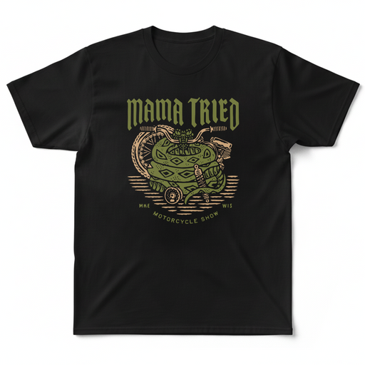 The Mama Tried Motorcycle show held annually in Milwaukee, Wisconsin is staple of the custom motorcycle industry. Being fellow wisconsinites, We're proud to sell their Mama Tried Show Merch on Chop Cult.

Mama Tried Snake Bite T-Shirt - Black

Screen Printed in Eau Claire, Wisconsin. Black T-shirt, 100% cotton.