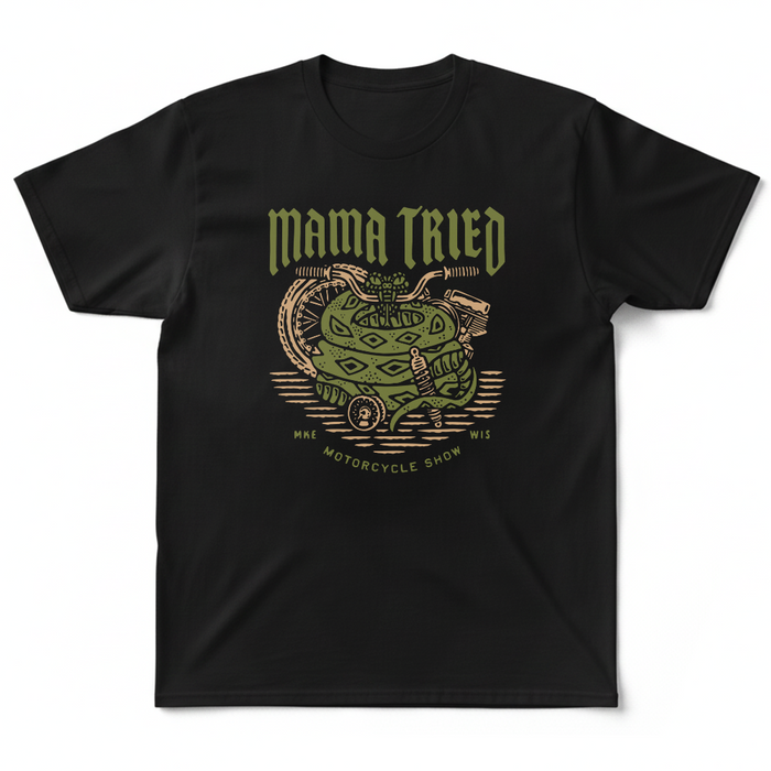 The Mama Tried Motorcycle show held annually in Milwaukee, Wisconsin is staple of the custom motorcycle industry. Being fellow wisconsinites, We're proud to sell their Mama Tried Show Merch on Chop Cult.

Mama Tried Snake Bite T-Shirt - Black

Screen Printed in Eau Claire, Wisconsin. Black T-shirt, 100% cotton.