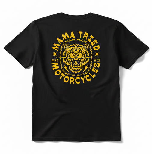 The Mama Tried Motorcycle show held annually in Milwaukee, Wisconsin is staple of the custom motorcycle industry. Being fellow wisconsinites, We're proud to sell their Mama Tried Show Merch on Chop Cult.

Mama Tried Tiger Chains T-Shirt - Black

Screen Printed in Eau Claire, Wisconsin. Black T-shirt, 100% cotton.