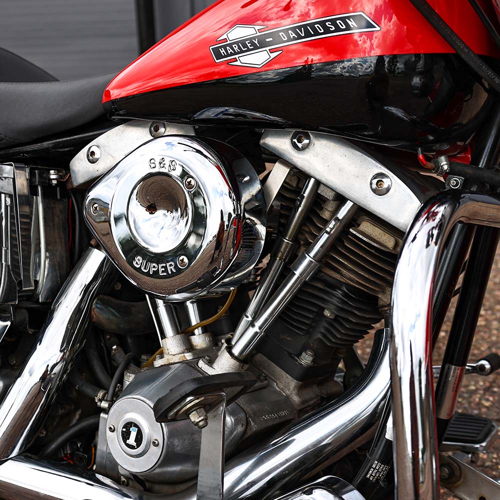 Close-up of a Harley Davidson motorcycle engine