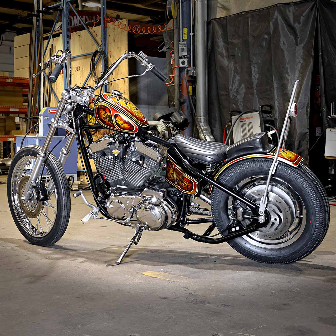 harley davidson sporter chopper build by throttle addiction with 1970s style chopper paint by chemical candy customs