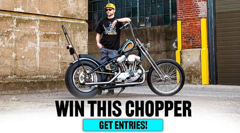 Man sitting on a chopper motorcycle with text 'Win this Chopper' and 'Get Entries!' in front.