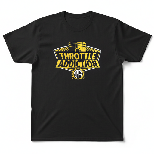 This black 100% cotton T-Shirt is printed in Eau Claire WI. It features our signature Throttle Addiction piston logo.

Printed in the USA