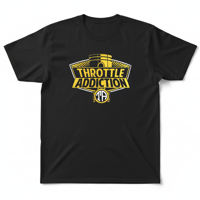 This black 100% cotton T-Shirt is printed in Eau Claire WI. It features our signature Throttle Addiction piston logo.

Printed in the USA